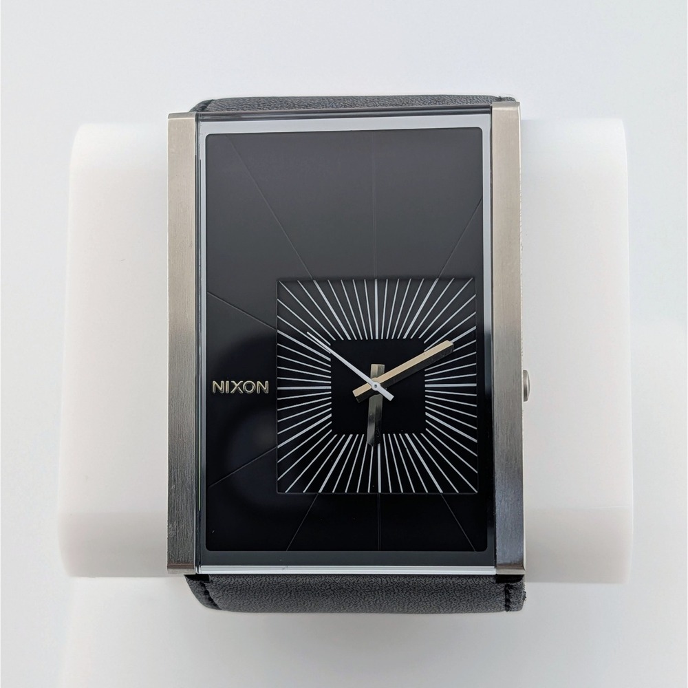Nixon The Motif Black Geometric Sunburst Dial Wide Leather Strap Watch 38mm